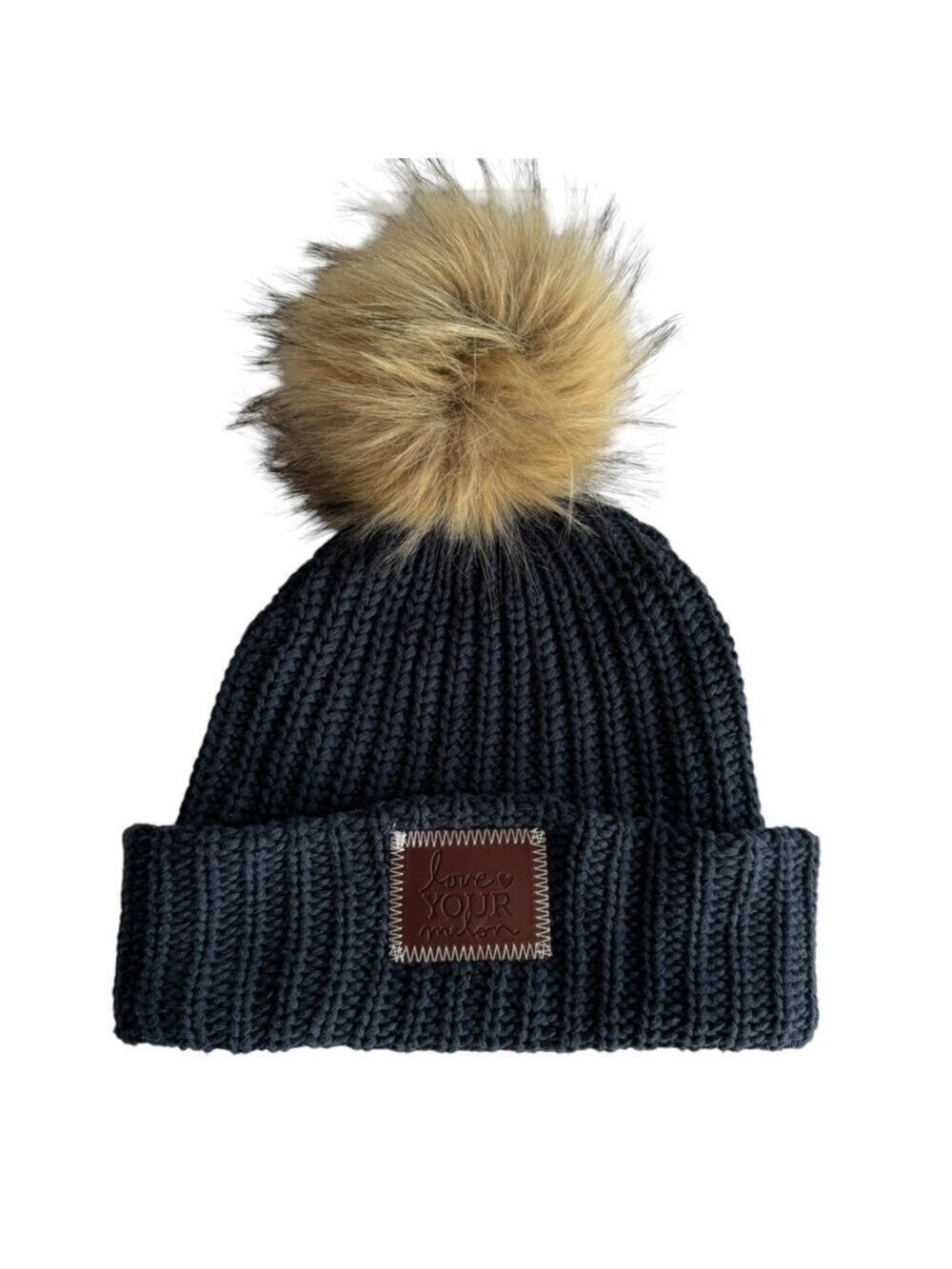 Love Your Melon Knit Pompom Toque Hat Beanie 100% Cotton Navy Blue Winter EUC